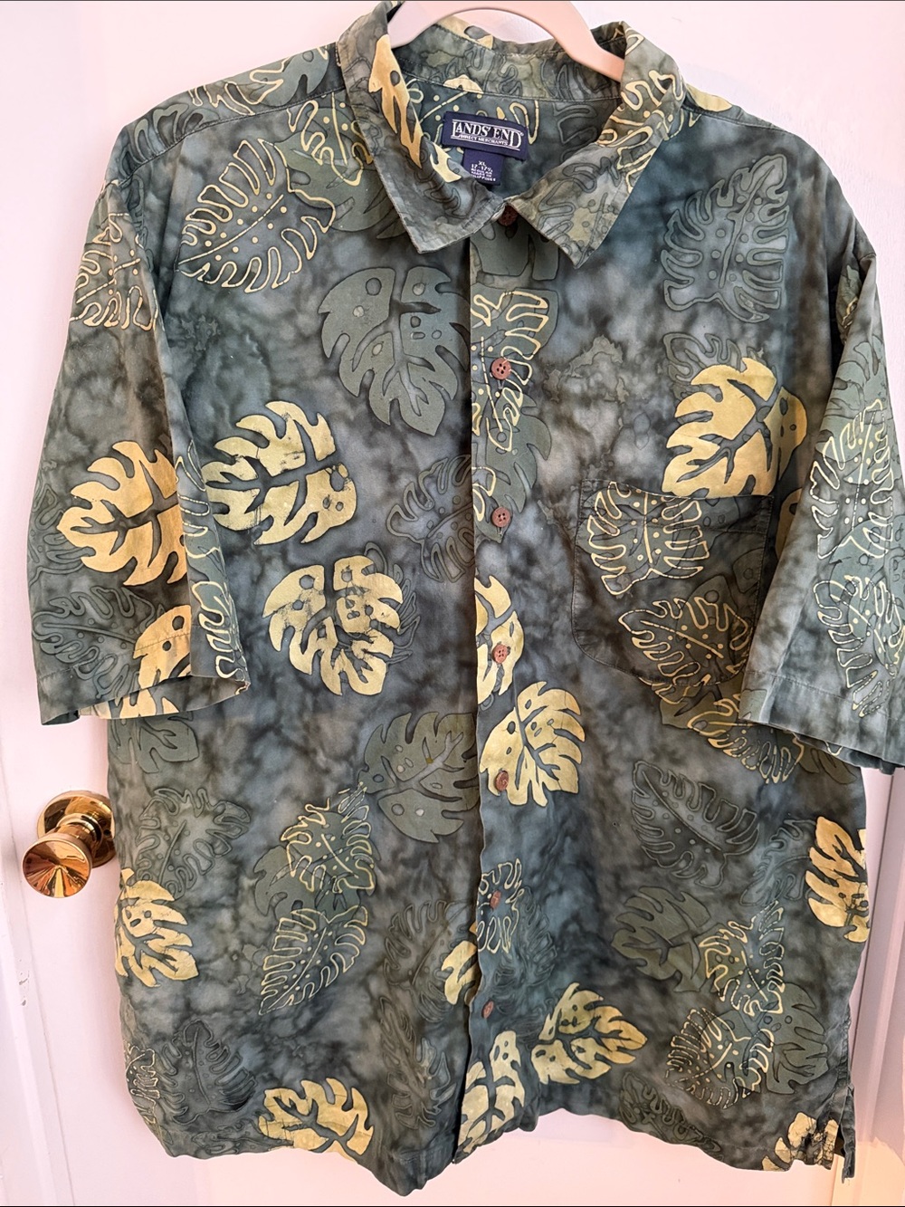 Lands' End Olive Green and Yellow Leaf Print Button-Up Shirt